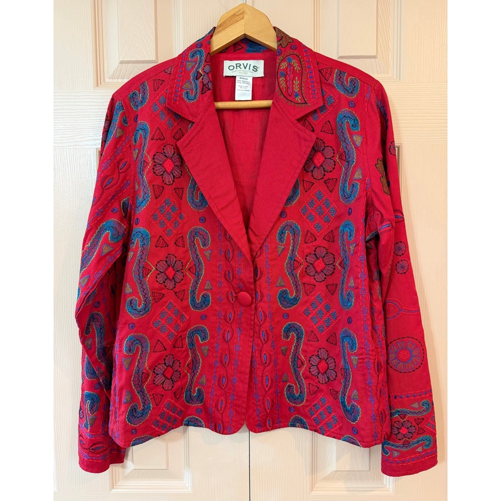 Vintage Orvis Embroidered Cotton Blazer Jacket Medium Red Boho Ethnic Folk 90s